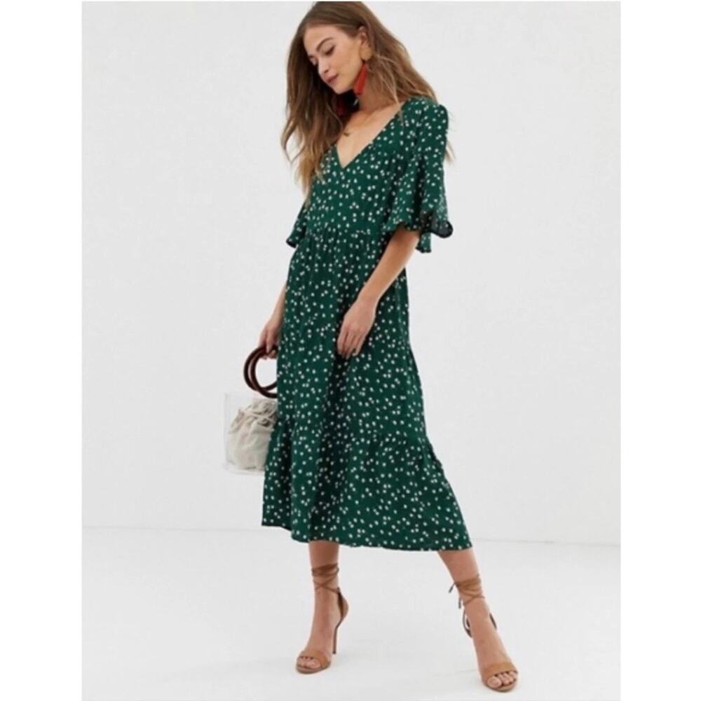 Faithfull The Brand Melia Floral Midi Dress in green white flowers WOMENS SMALL